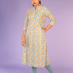 Cream and yellow floral hand block printed cotton Kurti