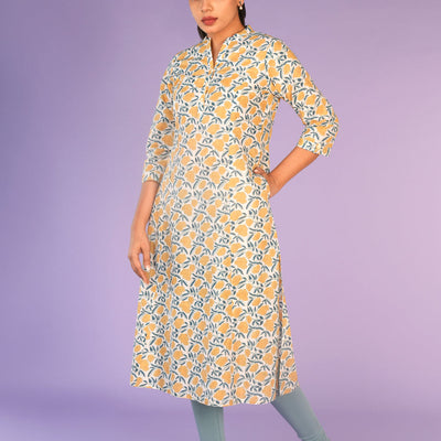 Cream and yellow floral hand block printed cotton Kurti