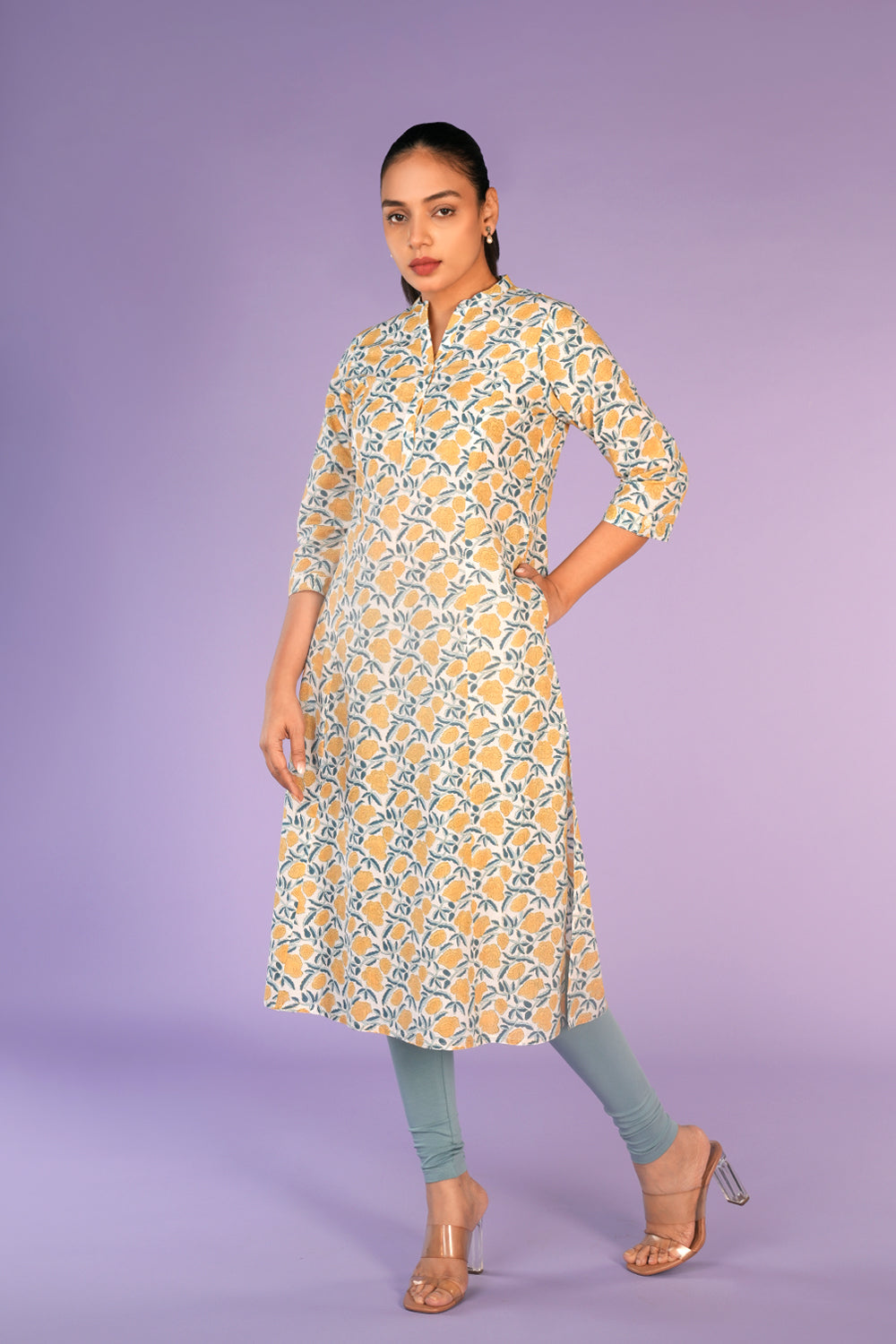 Cream and yellow floral hand block printed cotton Kurti
