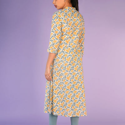 Cream and yellow floral hand block printed cotton Kurti