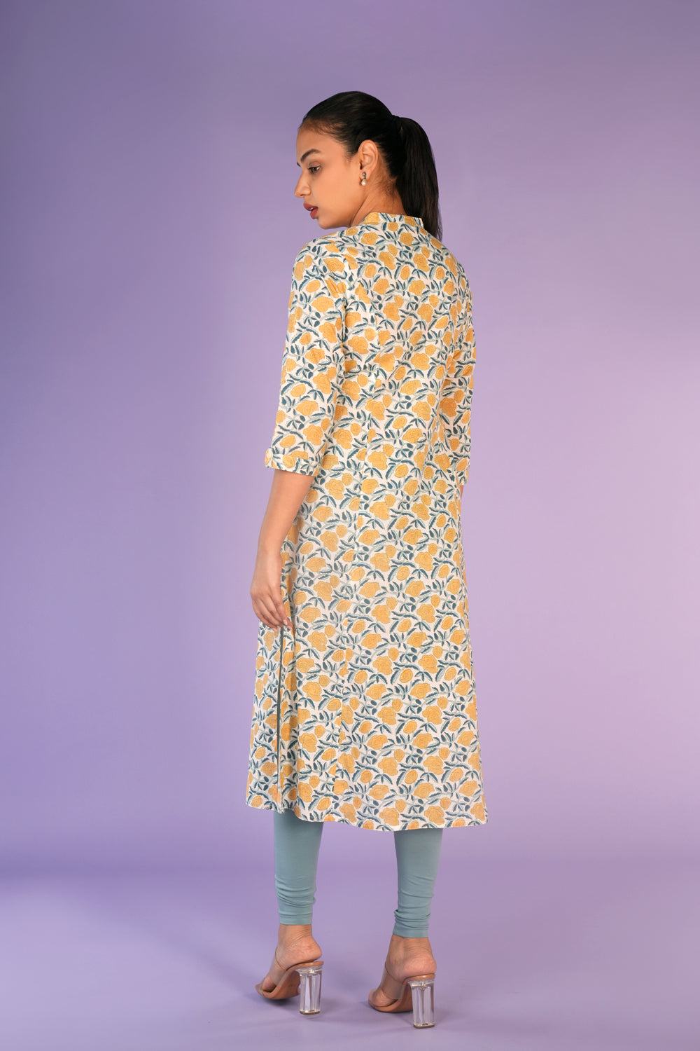 Cream and yellow floral hand block printed cotton Kurti