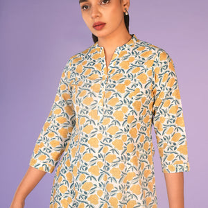 Cream and yellow floral hand block printed cotton Kurti