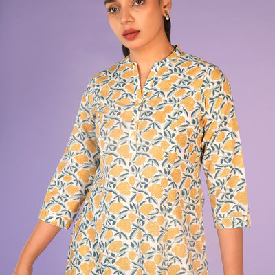 Cream and yellow floral hand block printed cotton Kurti