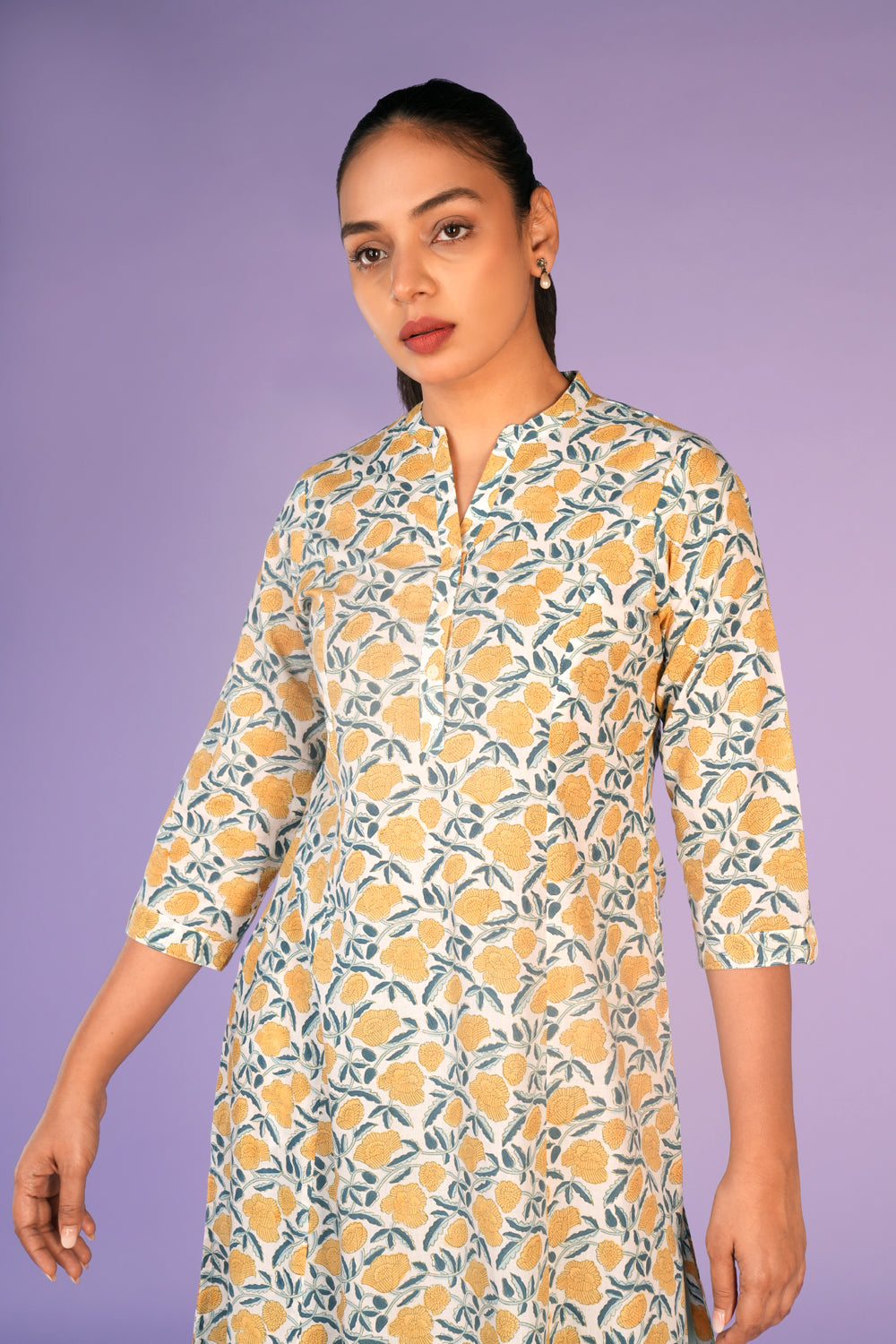 Cream and yellow floral hand block printed cotton Kurti