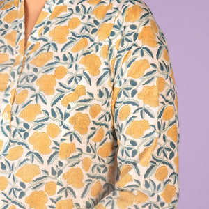 Cream and yellow floral hand block printed cotton Kurti