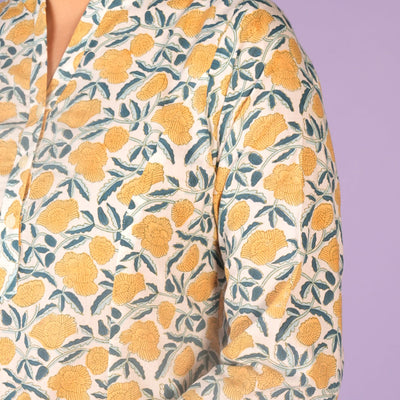 Cream and yellow floral hand block printed cotton Kurti