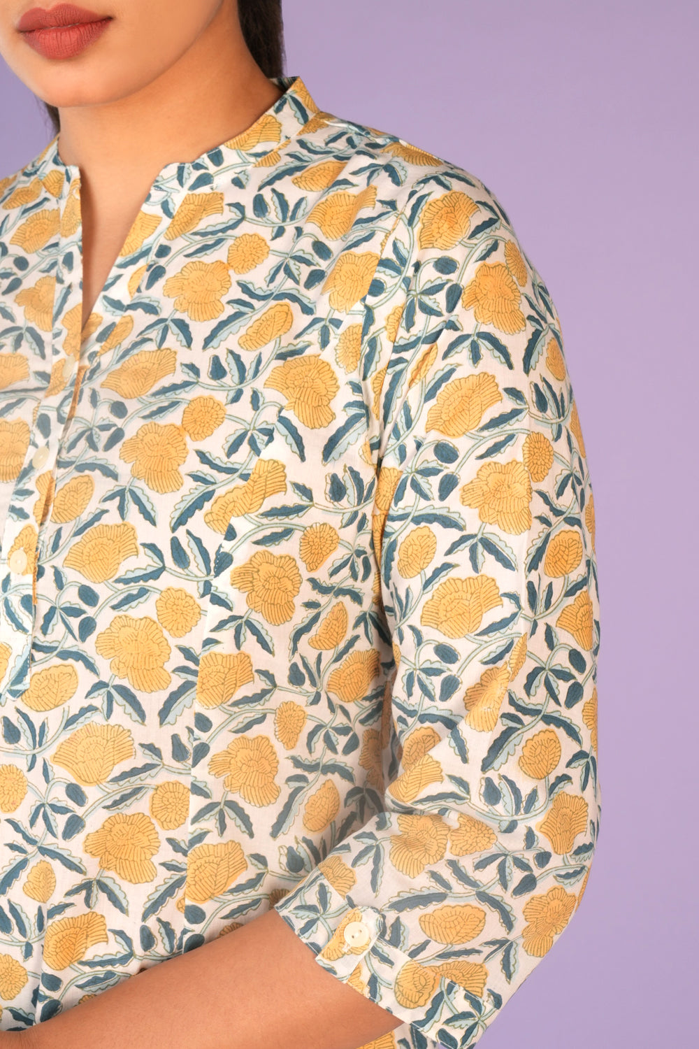 Cream and yellow floral hand block printed cotton Kurti