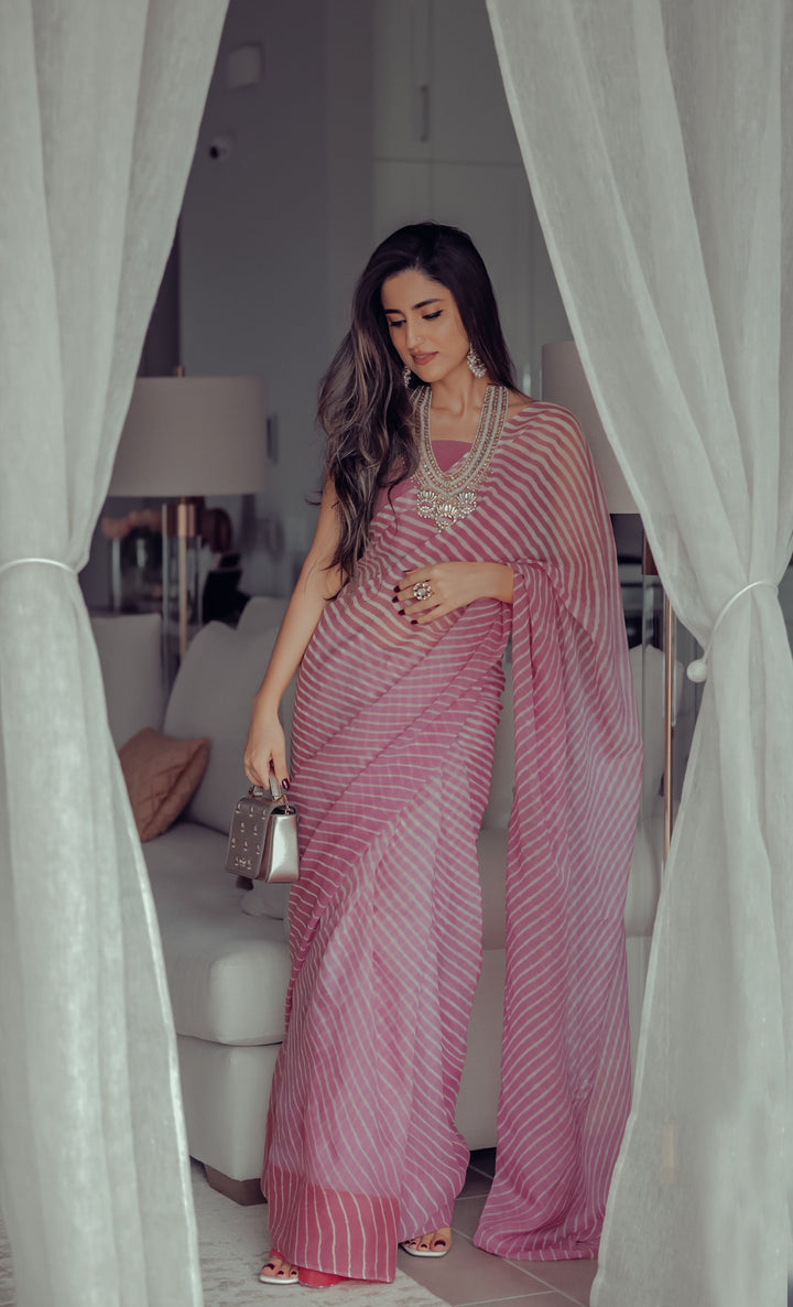 Sophia Dusty Pink Leheriya Pure Chiffon Saree