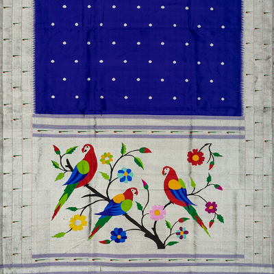 Violet Handloom Paithani Silk Saree With Coin Buttas & Muniya Motifs In Border-Violet