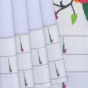 Lavender Handloom Paithani Silk Saree With Stripes & Muniya Motifs In Border-Lavander