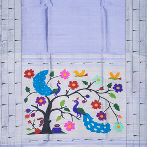 Lavender Handloom Paithani Silk Saree With Stripes & Muniya Motifs In Border-Lavander