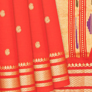 Red Handloom Paithani Silk Saree With Mango Buttas-Red