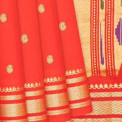 Red Handloom Paithani Silk Saree With Mango Buttas-Red