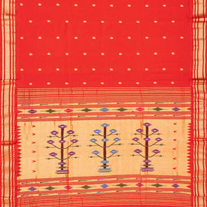 Red Handloom Paithani Silk Saree With Mango Buttas-Red