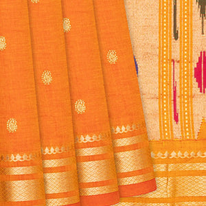 Orange Handloom Paithani Silk Saree With Mango Buttas-Orange