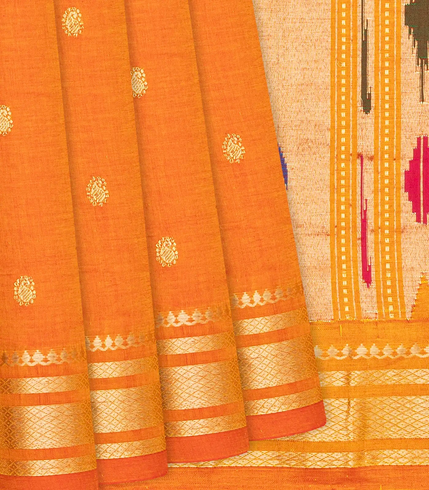 Orange Handloom Paithani Silk Saree With Mango Buttas-Orange