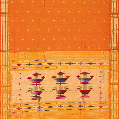 Orange Handloom Paithani Silk Saree With Mango Buttas-Orange