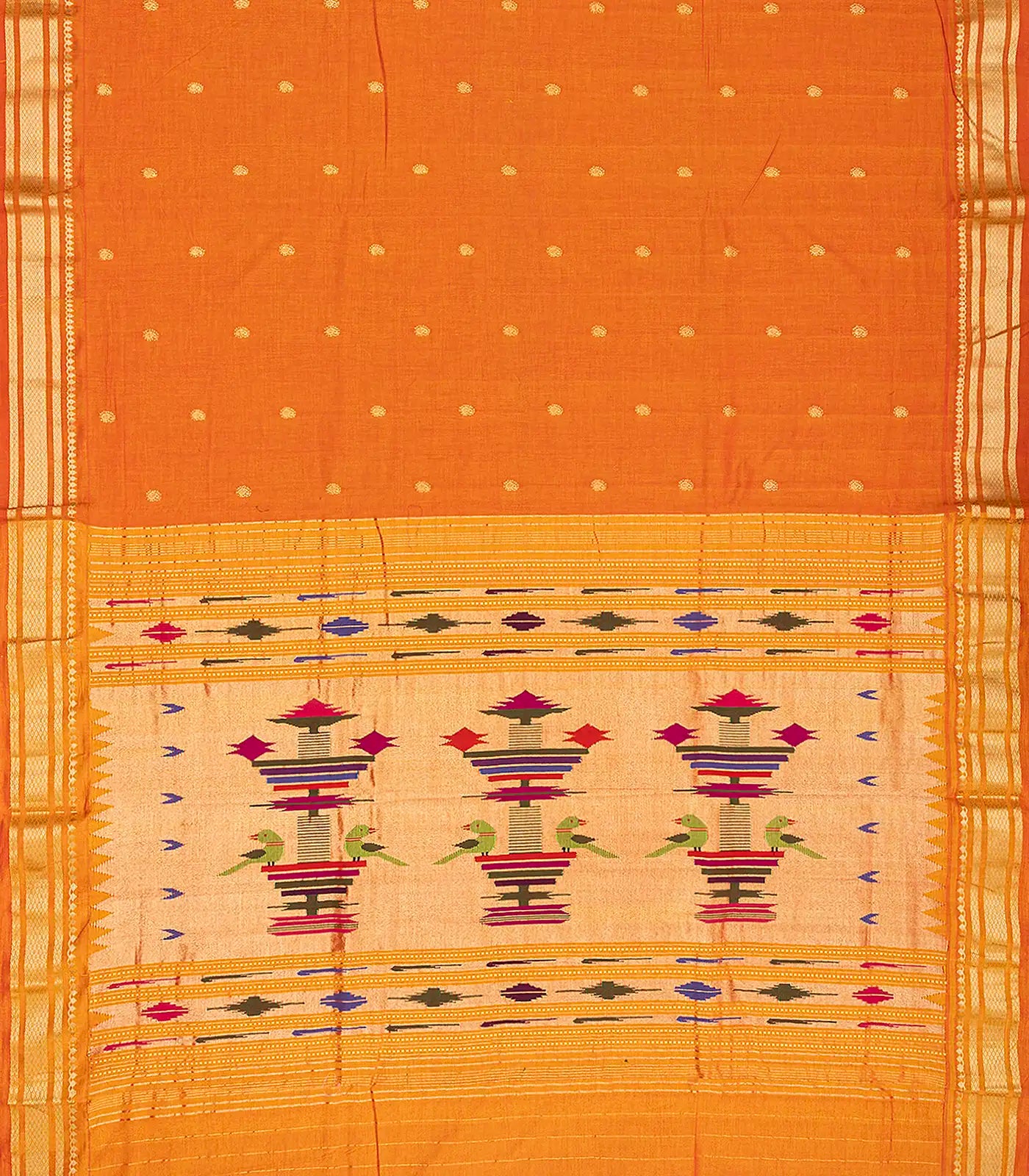 Orange Handloom Paithani Silk Saree With Mango Buttas-Orange