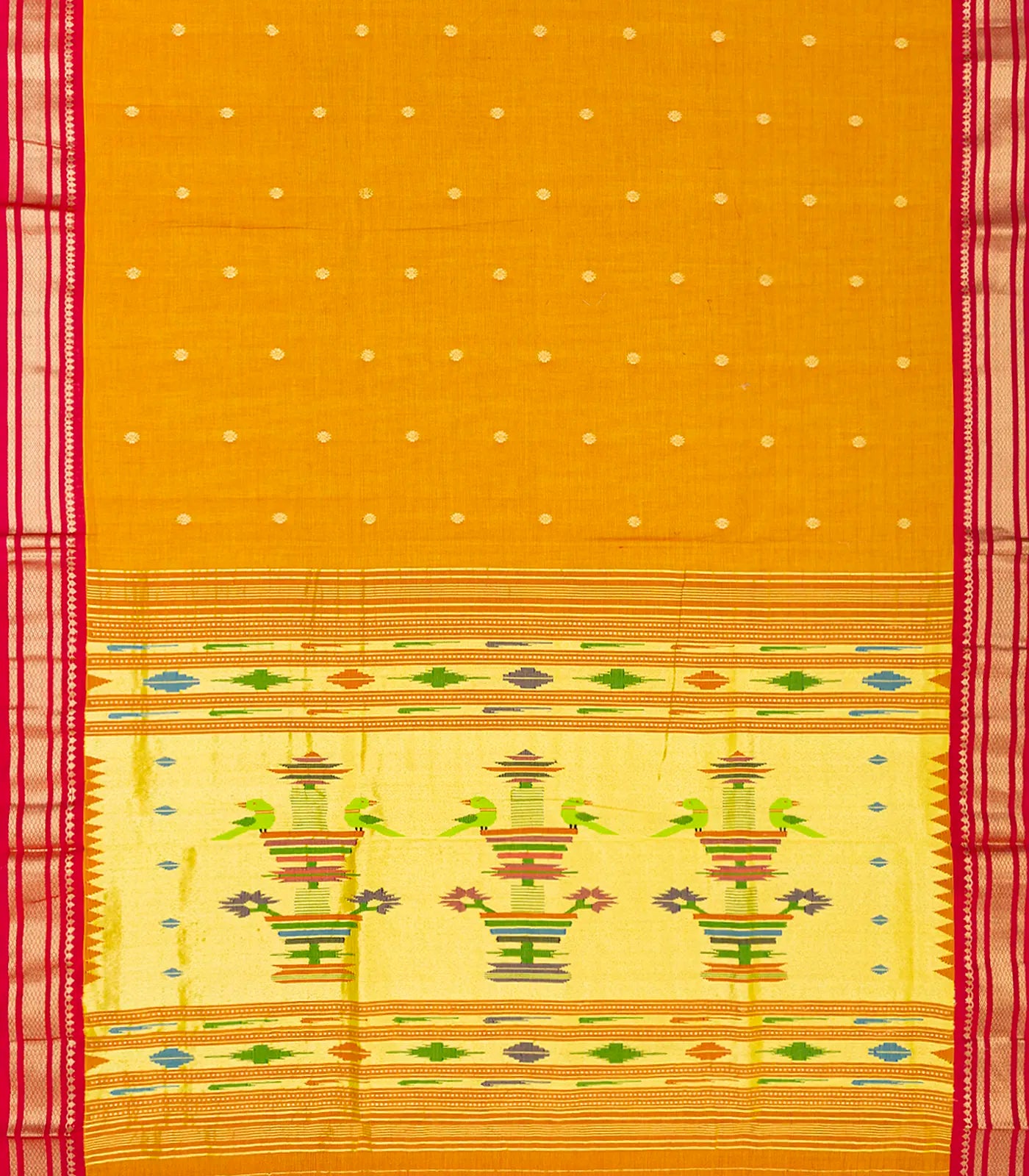 Mustard Handloom Paithani Silk Saree With Kamalam Buttas-Mustard