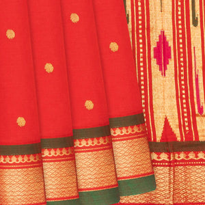 Red Handloom Paithani Silk Saree With Coin Buttas-Red