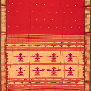 Red Handloom Paithani Silk Saree With Coin Buttas-Red