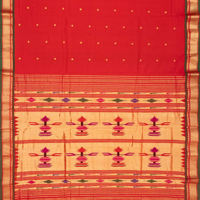 Red Handloom Paithani Silk Saree With Coin Buttas-Red