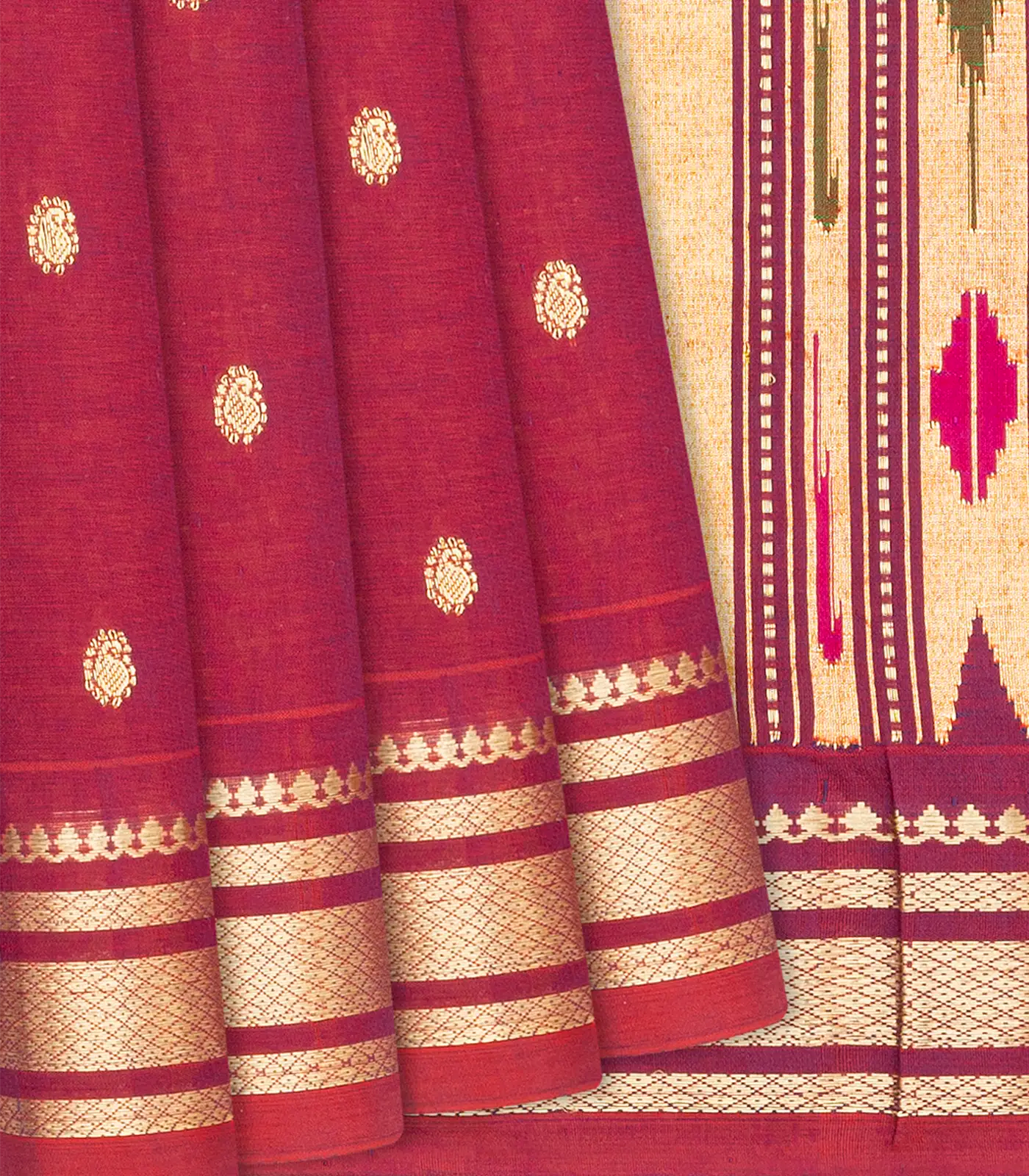 Crimson Handloom Paithani Silk Saree With Mango Buttas-Crimson