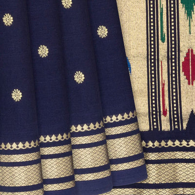 Midnight Blue Handloom Paithani Silk Saree With Kamalam Buttas-Midnight Blue