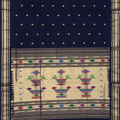 Midnight Blue Handloom Paithani Silk Saree With Kamalam Buttas-Midnight Blue