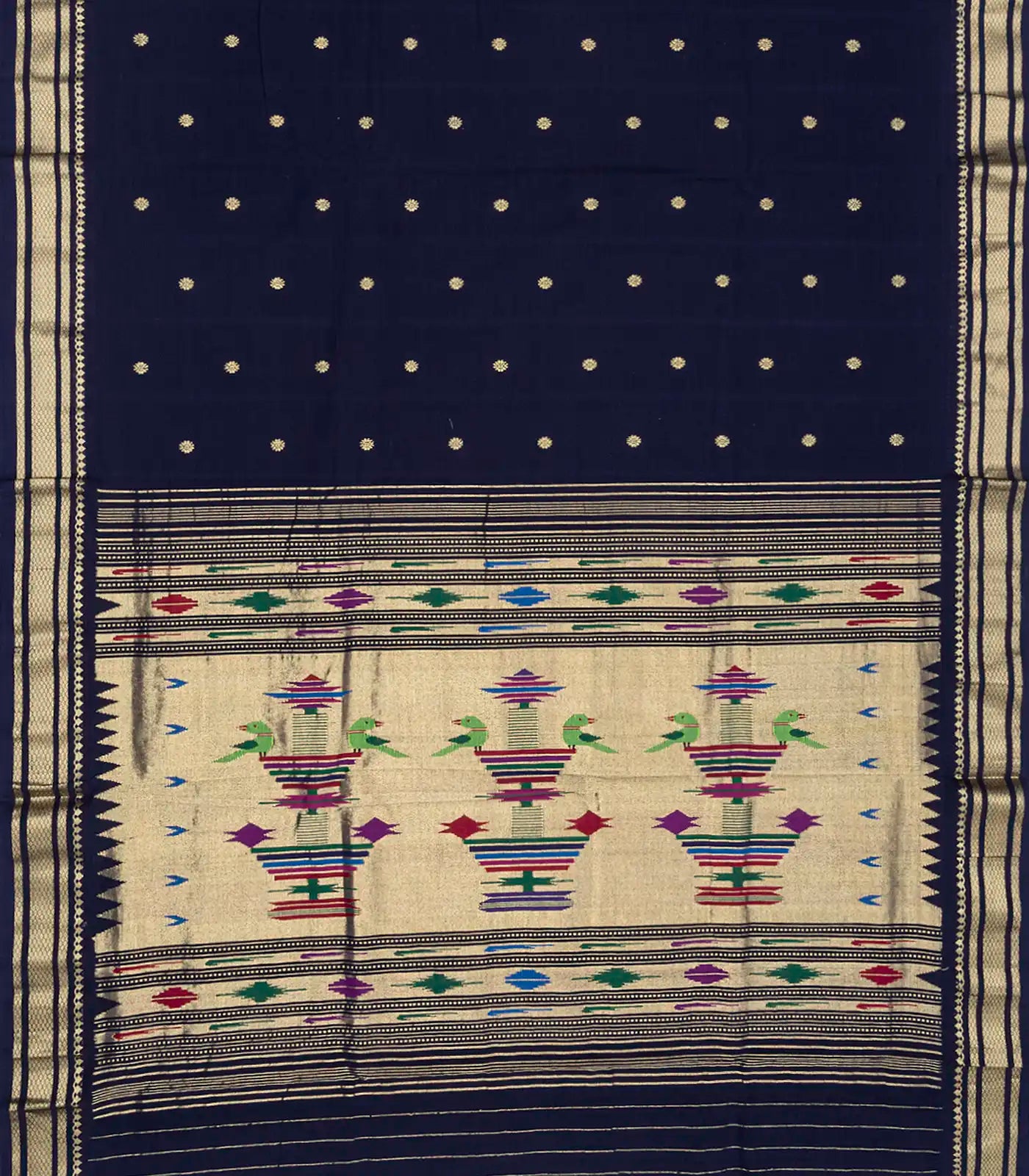 Midnight Blue Handloom Paithani Silk Saree With Kamalam Buttas-Midnight Blue