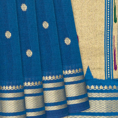 Blue Handloom Paithani Silk Saree With Kamalam Buttas-Blue