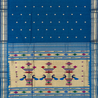 Blue Handloom Paithani Silk Saree With Kamalam Buttas-Blue