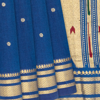 Blue Handloom Paithani Silk Saree With Floral Buttas-Blue