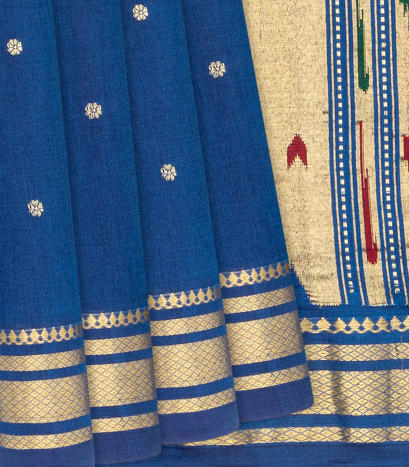 Blue Handloom Paithani Silk Saree With Floral Buttas-Blue