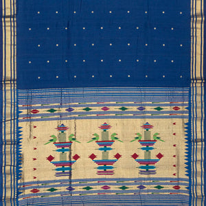 Blue Handloom Paithani Silk Saree With Floral Buttas-Blue