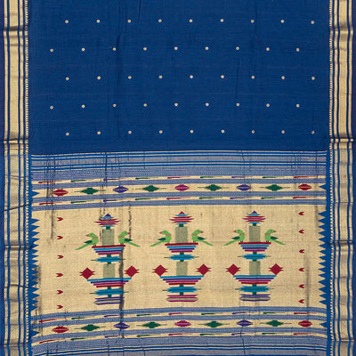 Blue Handloom Paithani Silk Saree With Floral Buttas-Blue