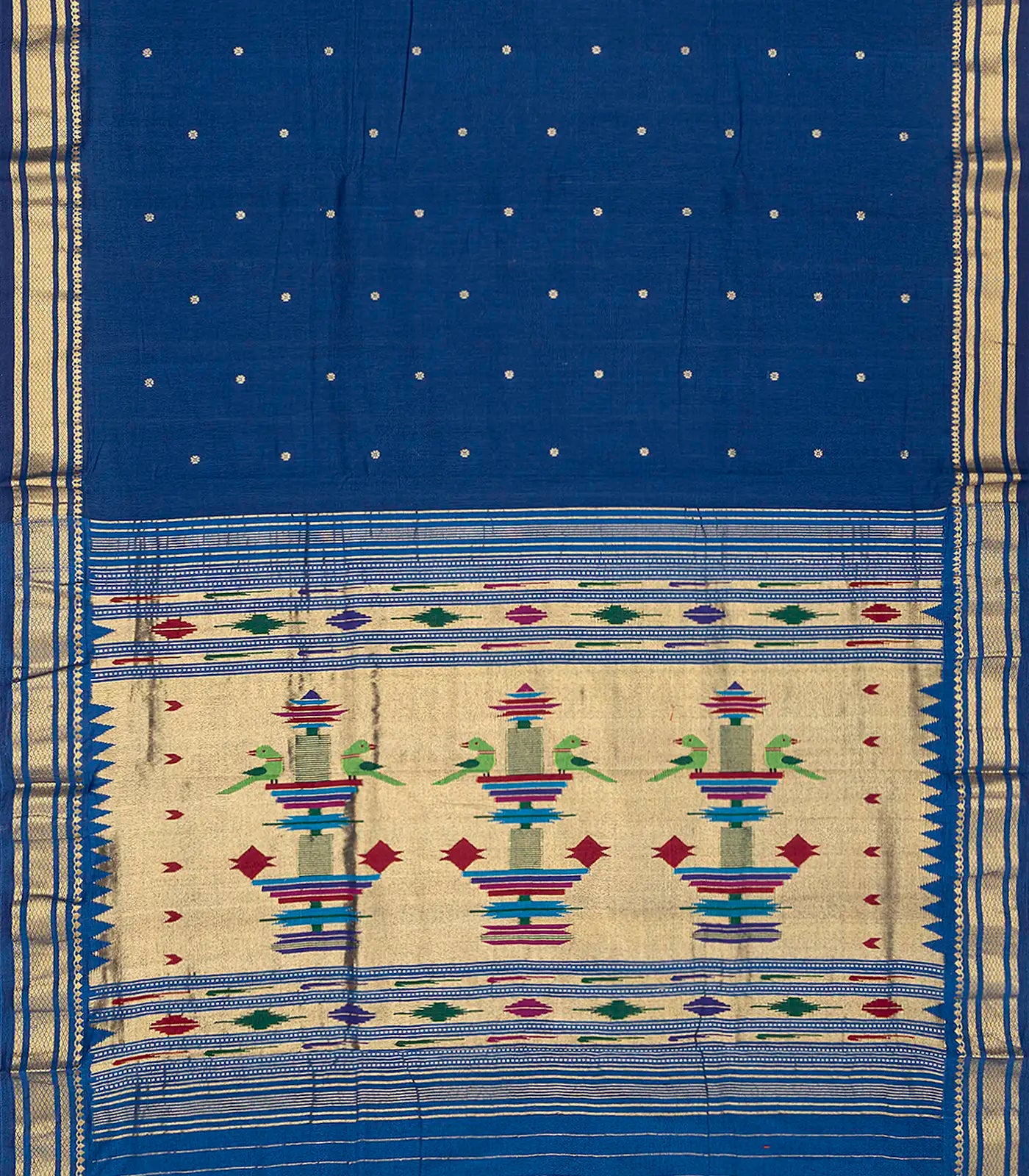 Blue Handloom Paithani Silk Saree With Floral Buttas-Blue