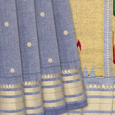 Grey Handloom Paithani Silk Saree With Floral Buttas-Grey