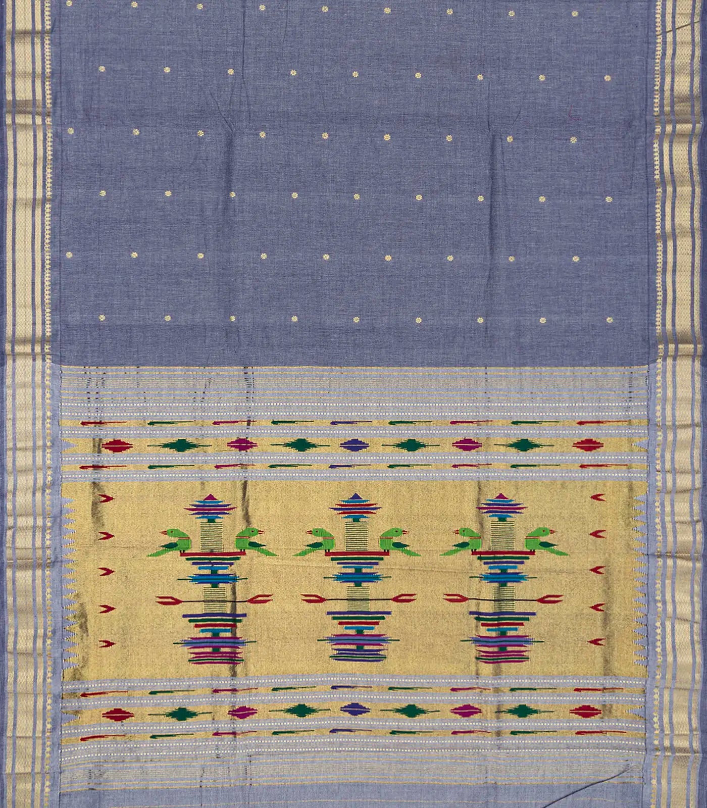 Grey Handloom Paithani Silk Saree With Floral Buttas-Grey