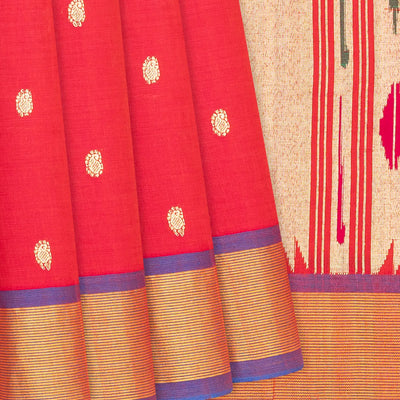 Red Handloom Paithani Silk Saree With Mango Buttas-Red