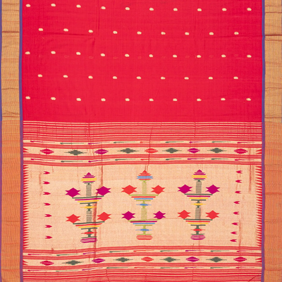 Red Handloom Paithani Silk Saree With Mango Buttas-Red