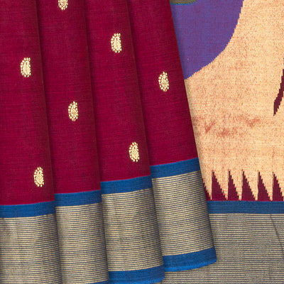 Maroon Handloom Paithani Silk Saree With Mango Buttas-Maroon