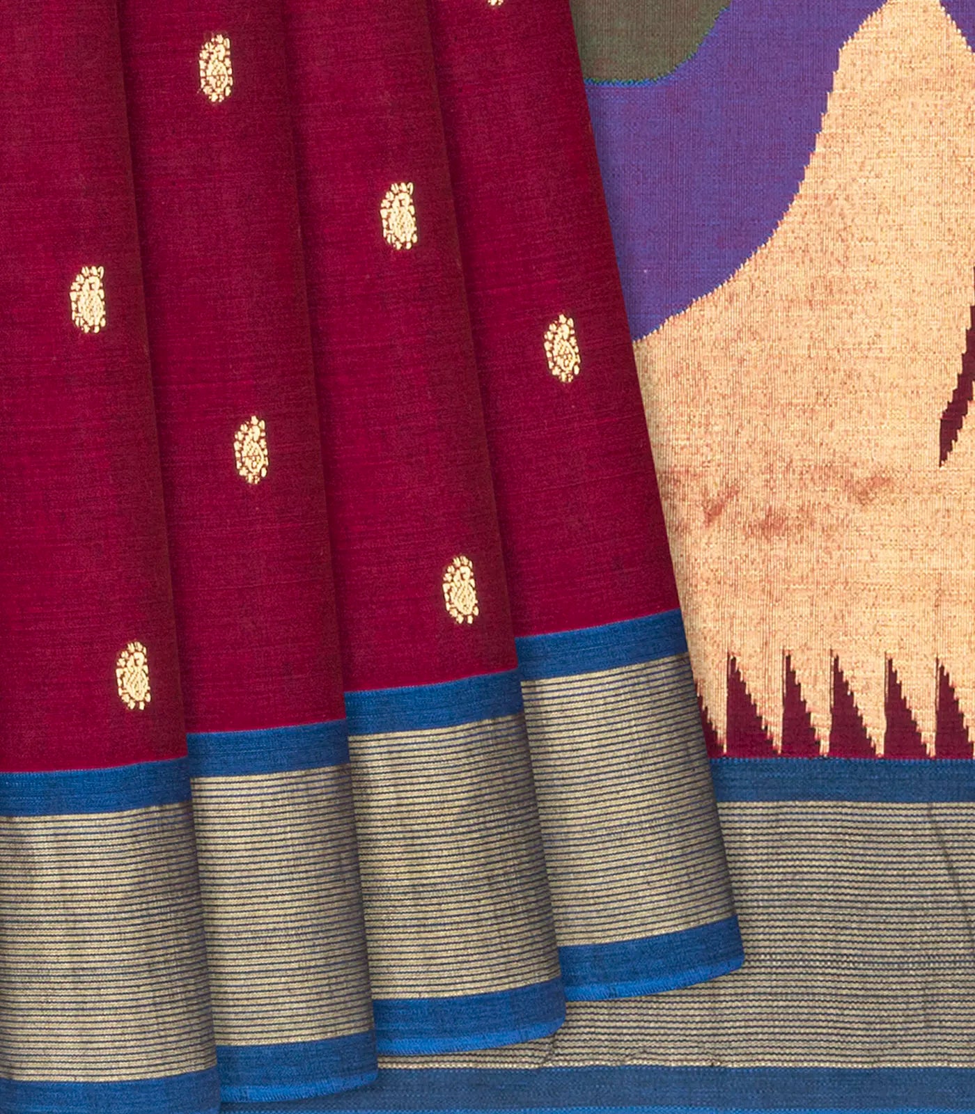 Maroon Handloom Paithani Silk Saree With Mango Buttas-Maroon