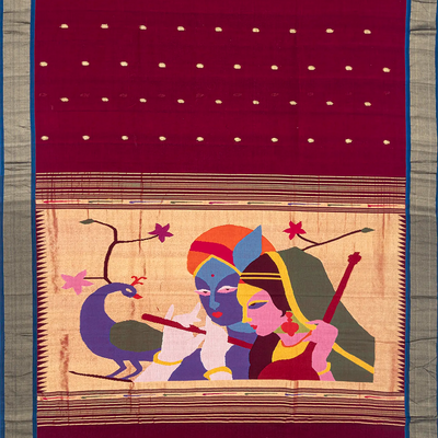 Maroon Handloom Paithani Silk Saree With Mango Buttas-Maroon