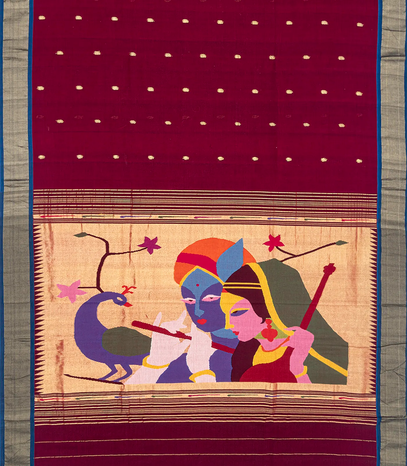 Maroon Handloom Paithani Silk Saree With Mango Buttas-Maroon