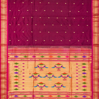 Crimson Handloom Paithani Silk Saree With Mango Zari Buttas-Crimson