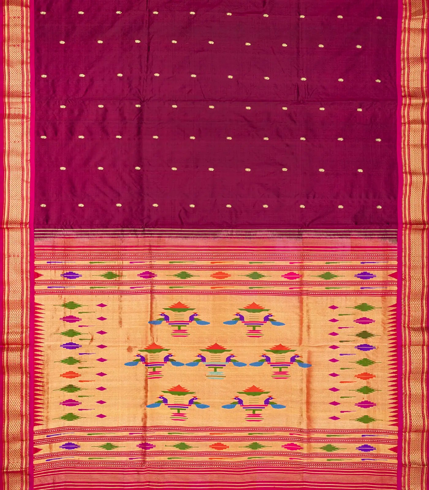 Crimson Handloom Paithani Silk Saree With Mango Zari Buttas-Crimson