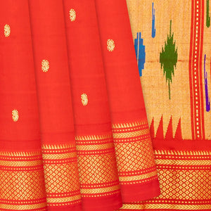 Red Handloom Paithani Silk Saree With Zari Buttas-Red