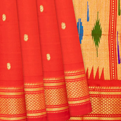 Red Handloom Paithani Silk Saree With Zari Buttas-Red