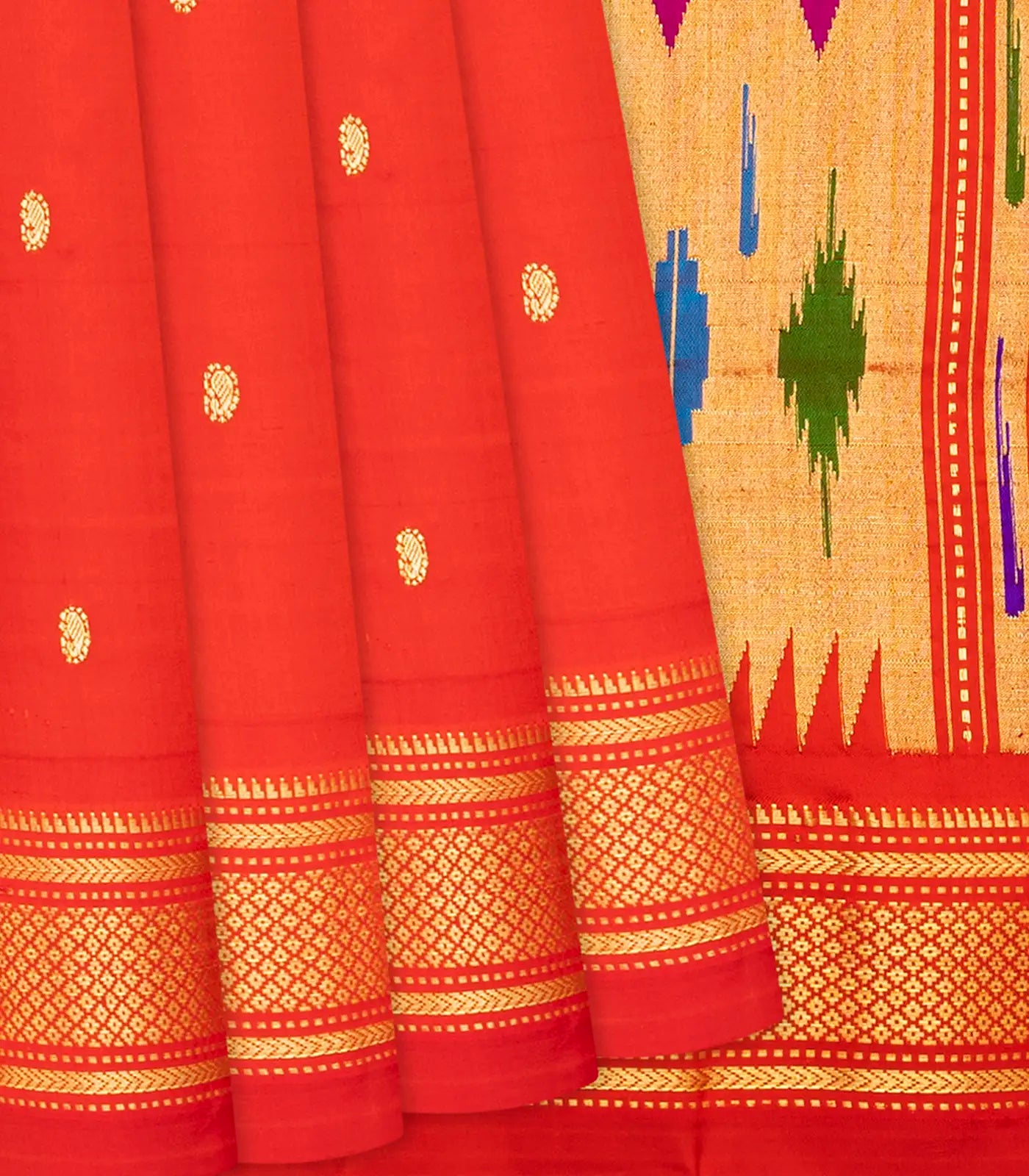Red Handloom Paithani Silk Saree With Zari Buttas-Red